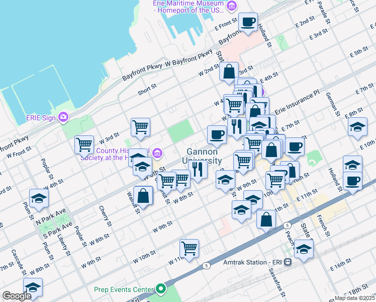 map of restaurants, bars, coffee shops, grocery stores, and more near 254 West 6th Street in Erie