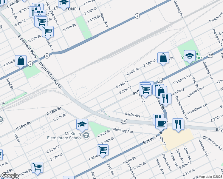 map of restaurants, bars, coffee shops, grocery stores, and more near 1264 E 19th St in Erie