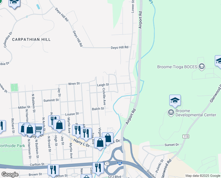 map of restaurants, bars, coffee shops, grocery stores, and more near 25 Miriam St in Johnson City