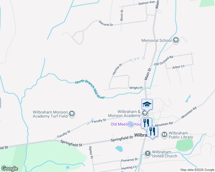 map of restaurants, bars, coffee shops, grocery stores, and more near 30 Wright Place in Wilbraham