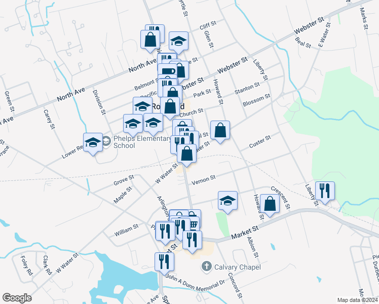 map of restaurants, bars, coffee shops, grocery stores, and more near 21 East Water Street in Rockland