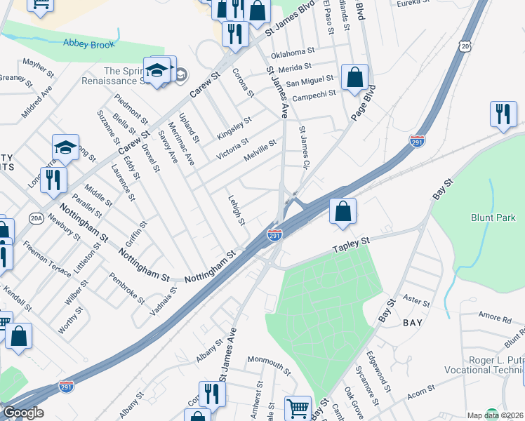 map of restaurants, bars, coffee shops, grocery stores, and more near 42 Porter Street in Springfield
