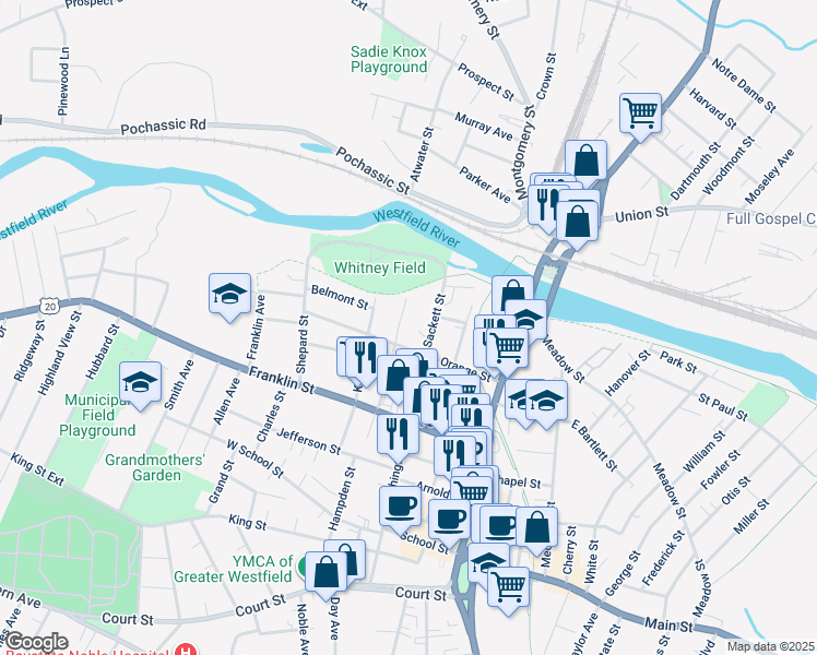 map of restaurants, bars, coffee shops, grocery stores, and more near 55 Orange Street in Westfield