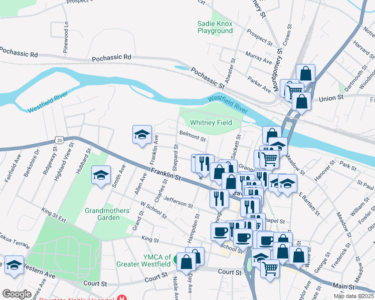 map of restaurants, bars, coffee shops, grocery stores, and more near 17 Lincoln Street in Westfield