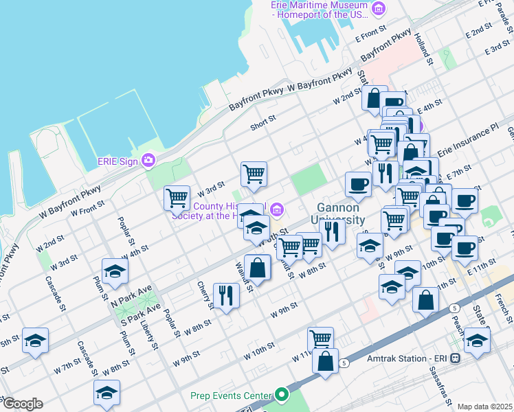 map of restaurants, bars, coffee shops, grocery stores, and more near 356 West 5th Street in Erie