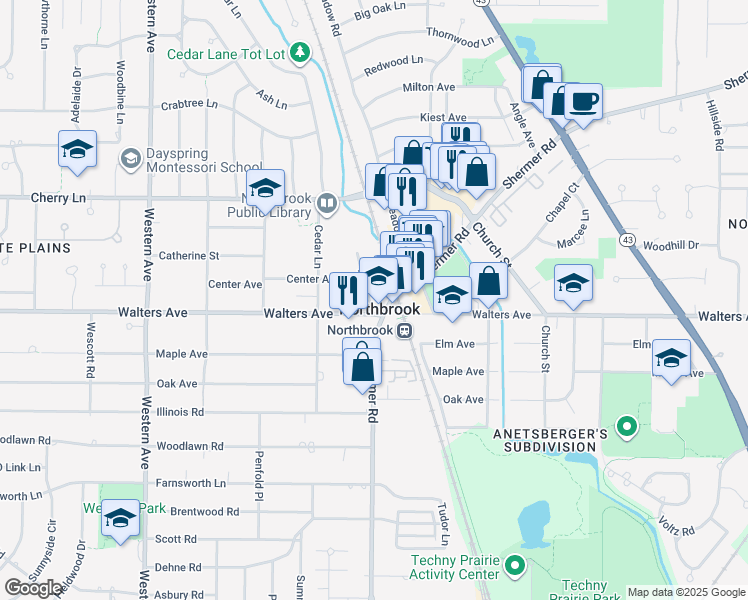 map of restaurants, bars, coffee shops, grocery stores, and more near in Northbrook