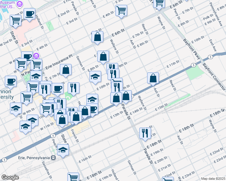 map of restaurants, bars, coffee shops, grocery stores, and more near 340 East 11th Street in Erie