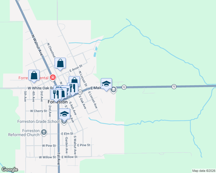 map of restaurants, bars, coffee shops, grocery stores, and more near 601 East Main Street in Forreston