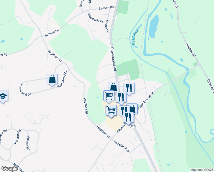 map of restaurants, bars, coffee shops, grocery stores, and more near 40 Wing Road in Northbridge