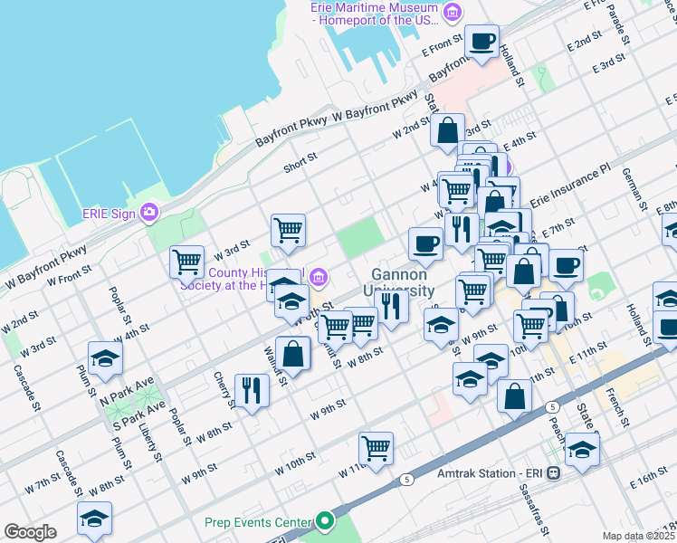 map of restaurants, bars, coffee shops, grocery stores, and more near 315 West 5th Street in Erie
