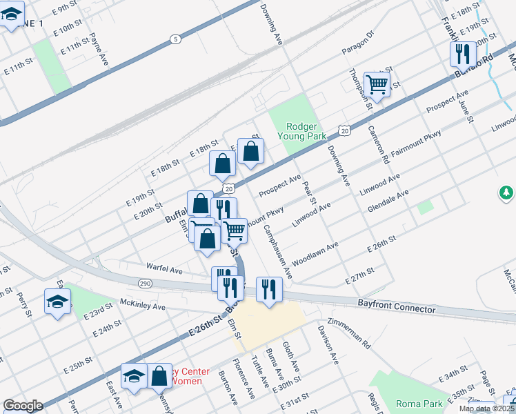map of restaurants, bars, coffee shops, grocery stores, and more near 2116 Camphausen Avenue in Erie