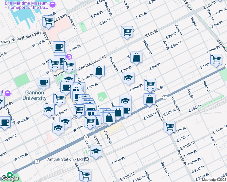map of restaurants, bars, coffee shops, grocery stores, and more near 917 Holland Street in Erie