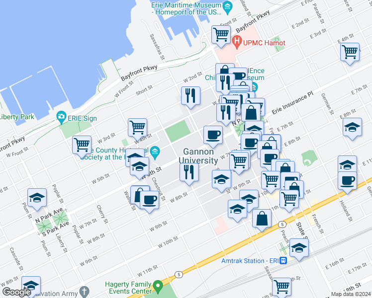 map of restaurants, bars, coffee shops, grocery stores, and more near 254 West 6th Street in Erie