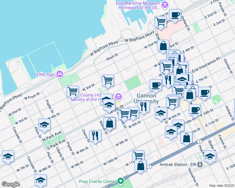 map of restaurants, bars, coffee shops, grocery stores, and more near 356 West 5th Street in Erie
