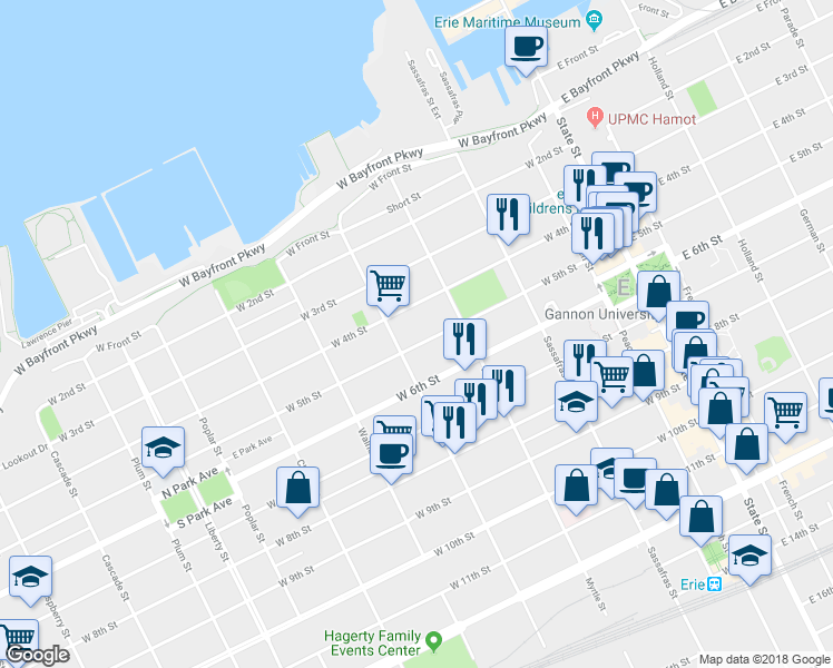 map of restaurants, bars, coffee shops, grocery stores, and more near 356 West 5th Street in Erie