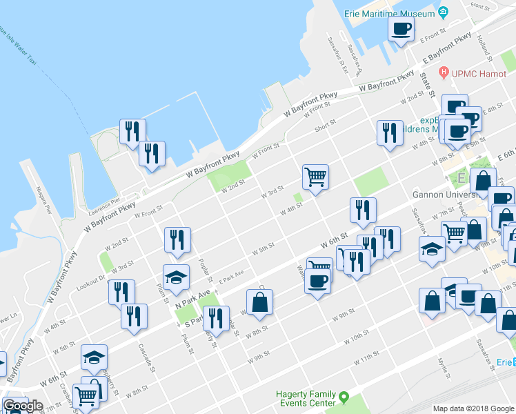 map of restaurants, bars, coffee shops, grocery stores, and more near 526 West 4th Street in Erie