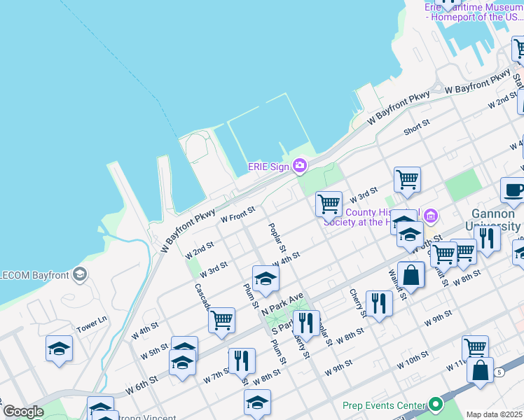 map of restaurants, bars, coffee shops, grocery stores, and more near 718 West 2nd Street in Erie
