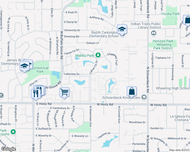 map of restaurants, bars, coffee shops, grocery stores, and more near 1546 Springview Court in Wheeling