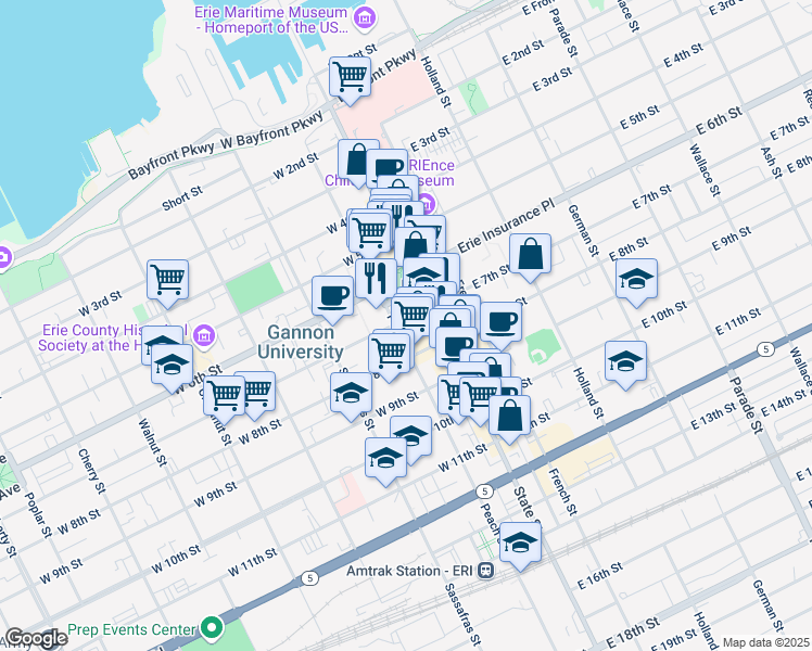 map of restaurants, bars, coffee shops, grocery stores, and more near 23 West 7th Street in Erie
