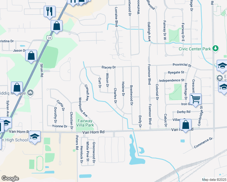 map of restaurants, bars, coffee shops, grocery stores, and more near 24452 Charles Drive in Brownstown Charter Township