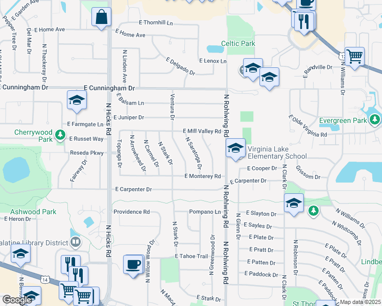 map of restaurants, bars, coffee shops, grocery stores, and more near 927 Ventura Drive in Palatine