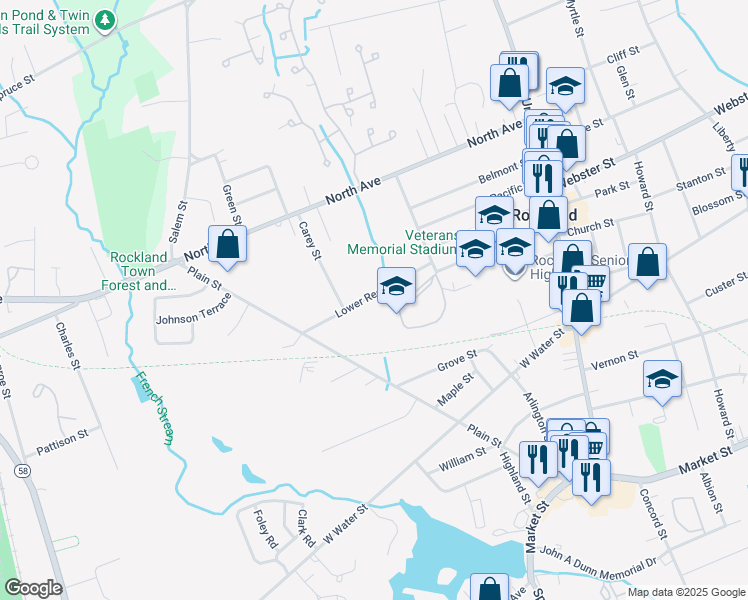 map of restaurants, bars, coffee shops, grocery stores, and more near 206 Lower Reed Street in Rockland