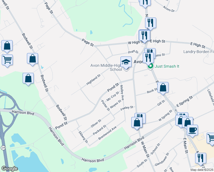 map of restaurants, bars, coffee shops, grocery stores, and more near 95 Pond Street in Avon