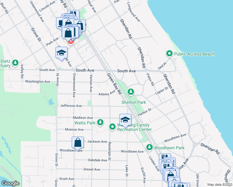 map of restaurants, bars, coffee shops, grocery stores, and more near 409 Randolph Street in Glencoe