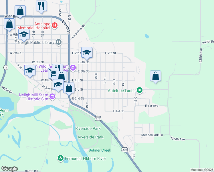 map of restaurants, bars, coffee shops, grocery stores, and more near 551-599 East 3rd Street in Neligh