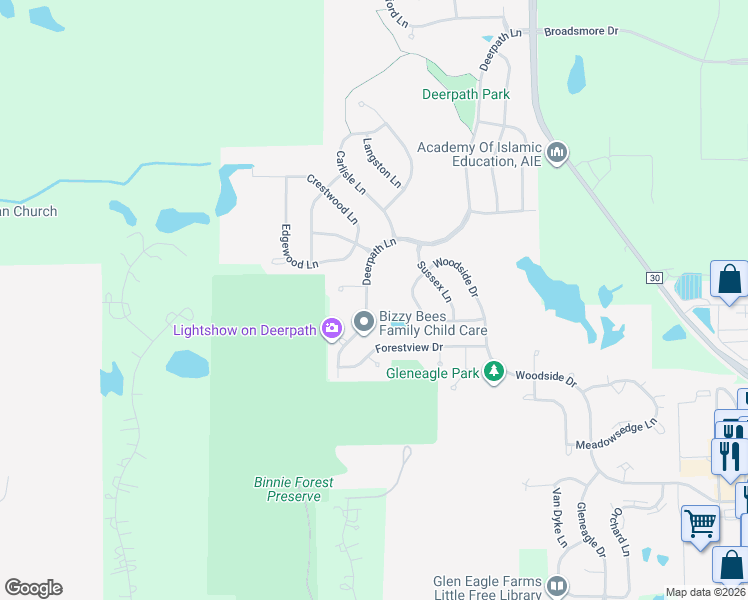 map of restaurants, bars, coffee shops, grocery stores, and more near 2925 Deerpath Lane in Carpentersville