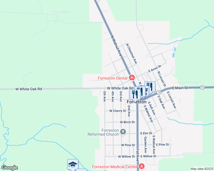 map of restaurants, bars, coffee shops, grocery stores, and more near 102 4th Avenue in Forreston