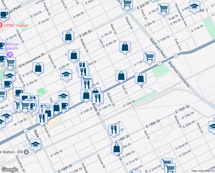 map of restaurants, bars, coffee shops, grocery stores, and more near 502 East 12th Street in Erie