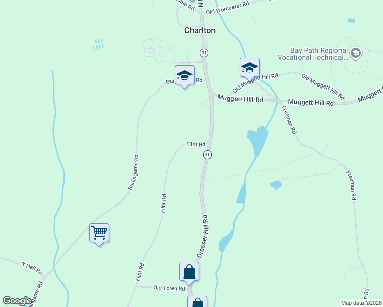 map of restaurants, bars, coffee shops, grocery stores, and more near 19 Flint Road in Charlton
