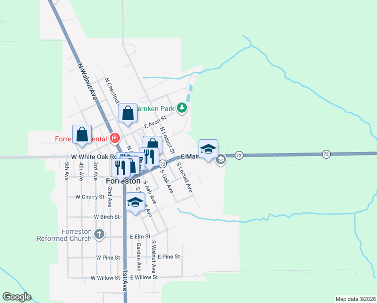 map of restaurants, bars, coffee shops, grocery stores, and more near 503-505 E Main St in Forreston