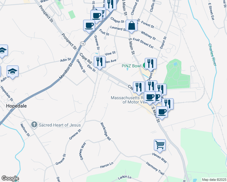 map of restaurants, bars, coffee shops, grocery stores, and more near 7 Thomas Street in Milford