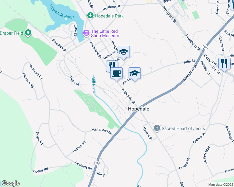 map of restaurants, bars, coffee shops, grocery stores, and more near 104 Hopedale Street in Hopedale