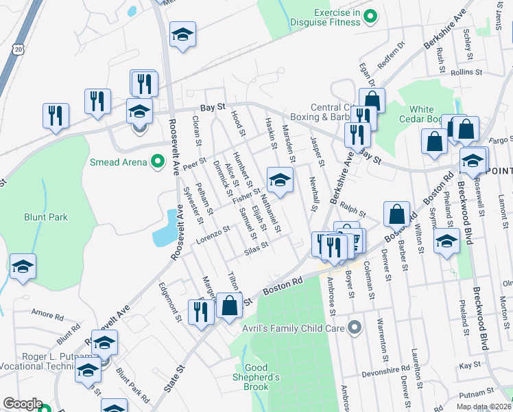 map of restaurants, bars, coffee shops, grocery stores, and more near 118 Samuel Street in Springfield