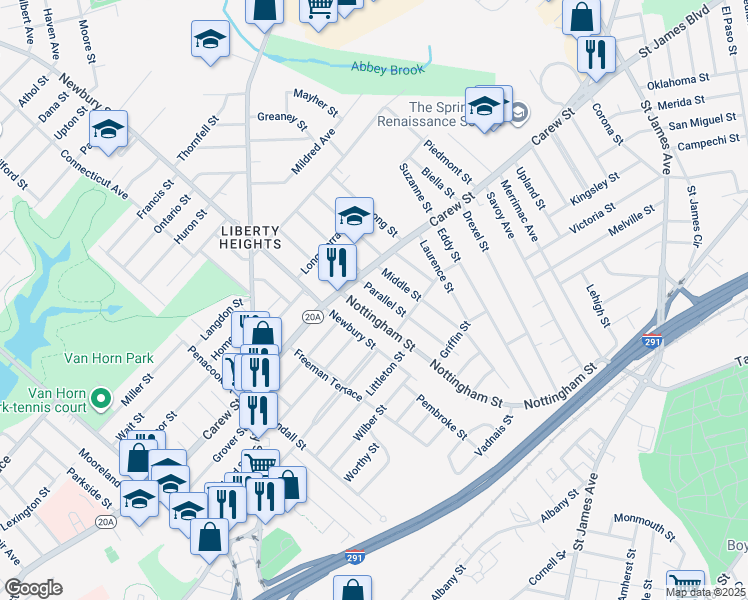 map of restaurants, bars, coffee shops, grocery stores, and more near 375 Nottingham Street in Springfield
