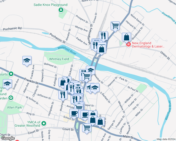 map of restaurants, bars, coffee shops, grocery stores, and more near 336 Elm Street in Westfield