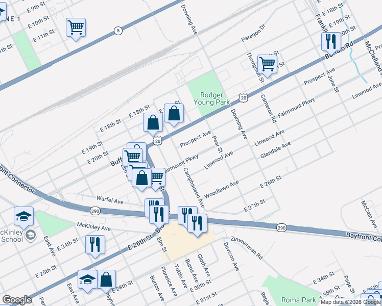 map of restaurants, bars, coffee shops, grocery stores, and more near 1500-1510 Fairmount Parkway in Erie