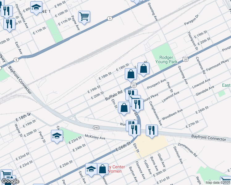 map of restaurants, bars, coffee shops, grocery stores, and more near 1313-1399 Buffalo Road in Erie