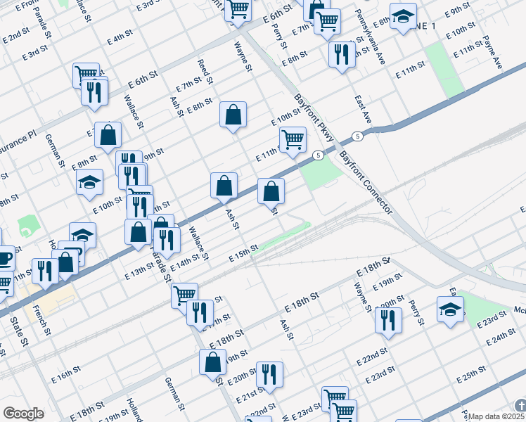 map of restaurants, bars, coffee shops, grocery stores, and more near 645 East 14th Street in Erie