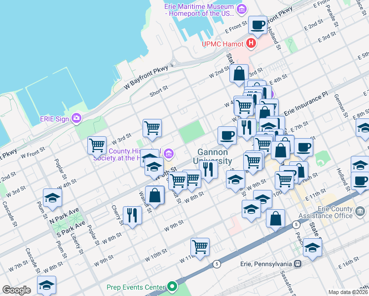 map of restaurants, bars, coffee shops, grocery stores, and more near 315 West 5th Street in Erie