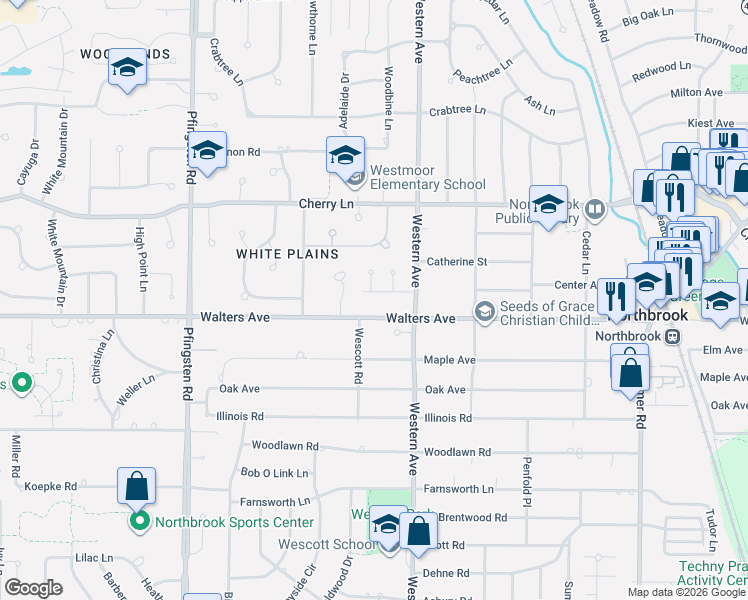 map of restaurants, bars, coffee shops, grocery stores, and more near 2418 Walters Avenue in Northbrook