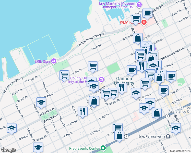 map of restaurants, bars, coffee shops, grocery stores, and more near 415 Chestnut Street in Erie