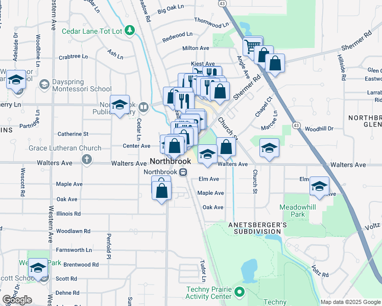 map of restaurants, bars, coffee shops, grocery stores, and more near 1347 Shermer Road in Northbrook