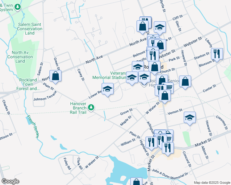 map of restaurants, bars, coffee shops, grocery stores, and more near 1 Lt Col Brian Duffy Way in Rockland