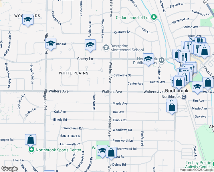 map of restaurants, bars, coffee shops, grocery stores, and more near 2409 Center Avenue in Northbrook