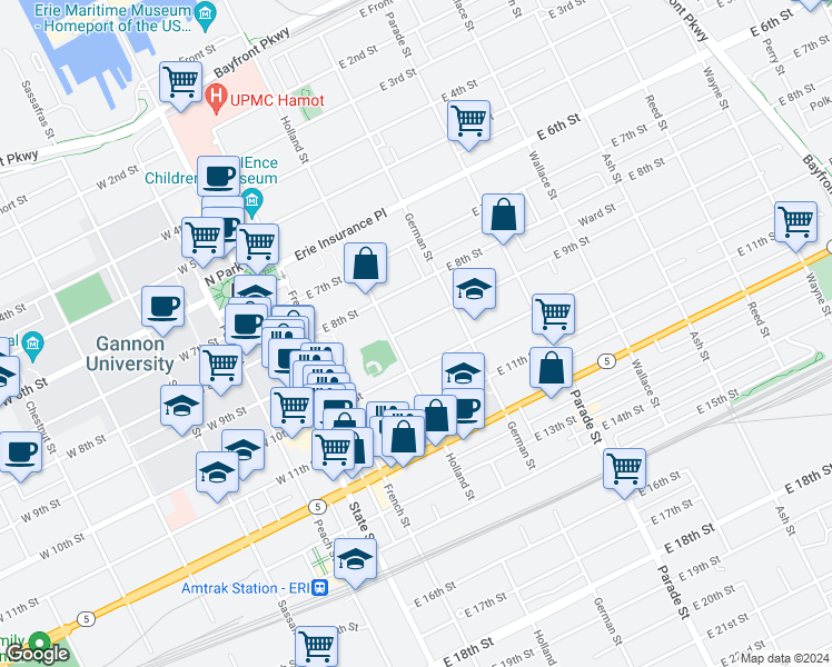 map of restaurants, bars, coffee shops, grocery stores, and more near 223 East 9th Street in Erie