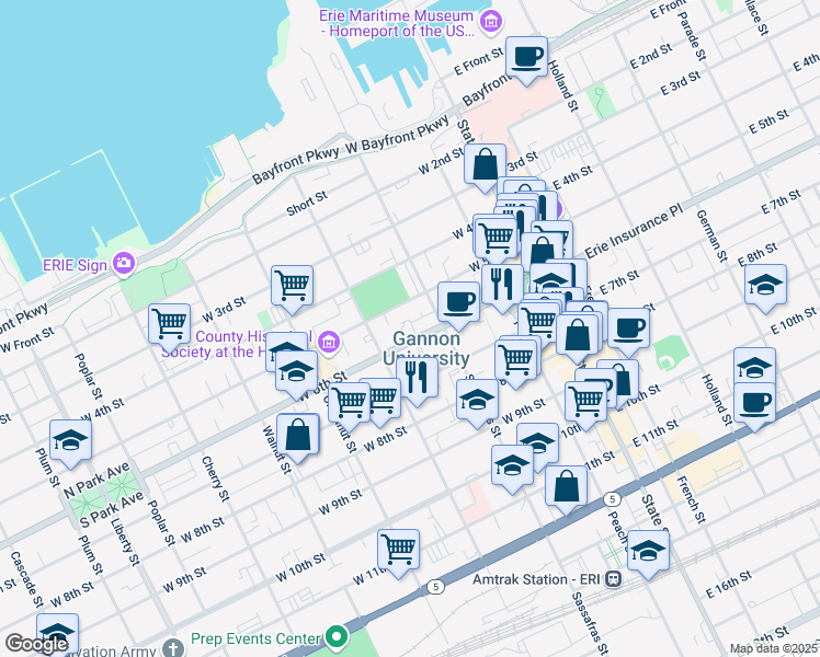 map of restaurants, bars, coffee shops, grocery stores, and more near 230 West 6th Street in Erie